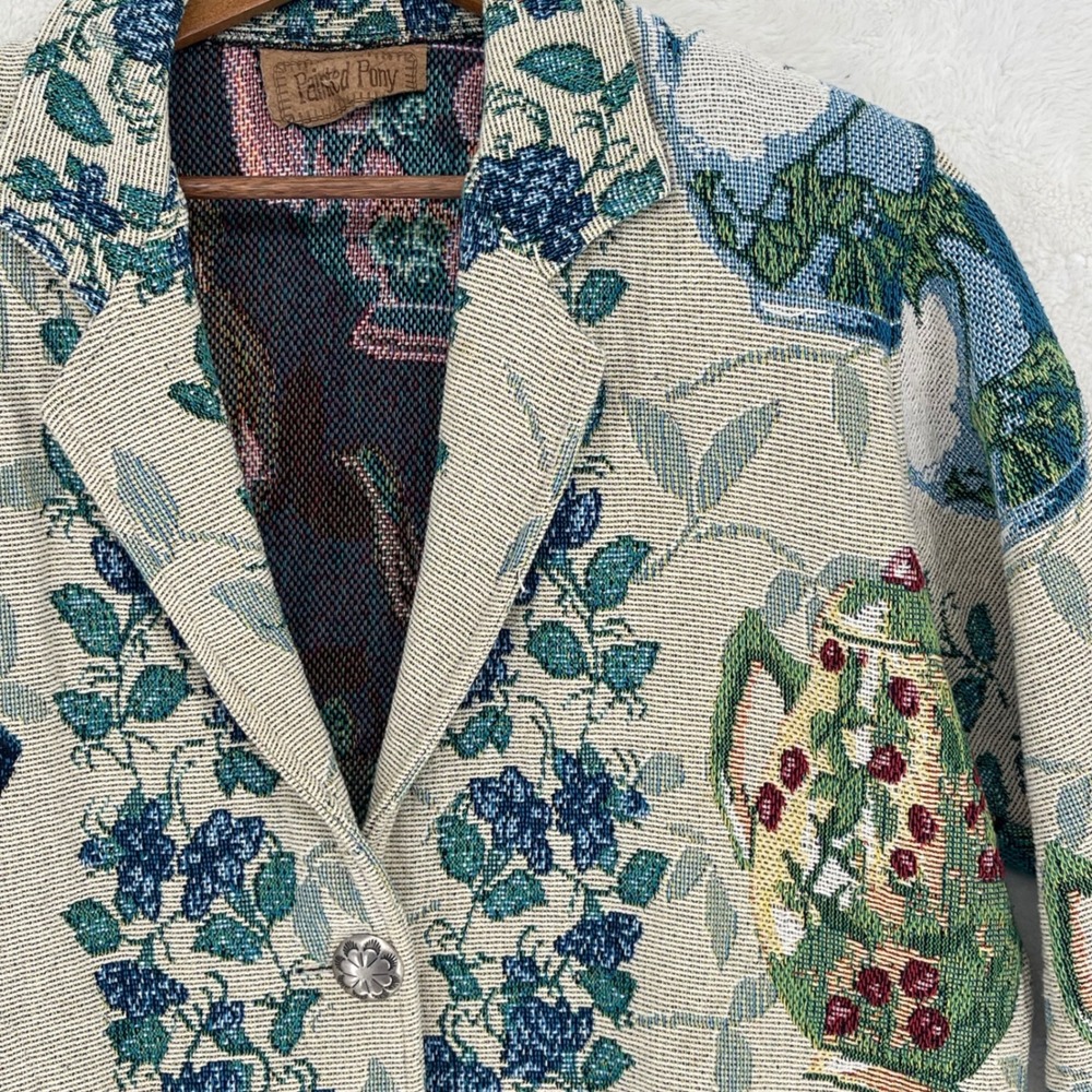 Painted Pony Vintage Tapestry Jacket Teapot Floral Concho Button Blazer XL